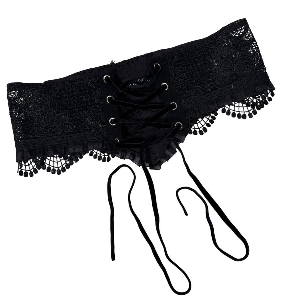Dark In Love Corset Belt Womens M Black Lace Velvet Lace Up Victorian Goth CW033